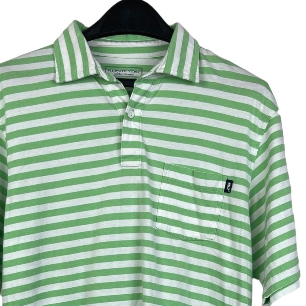 Vineyard Vines Polo Shirt Mens M Green White Striped Pima Cotton Pocket